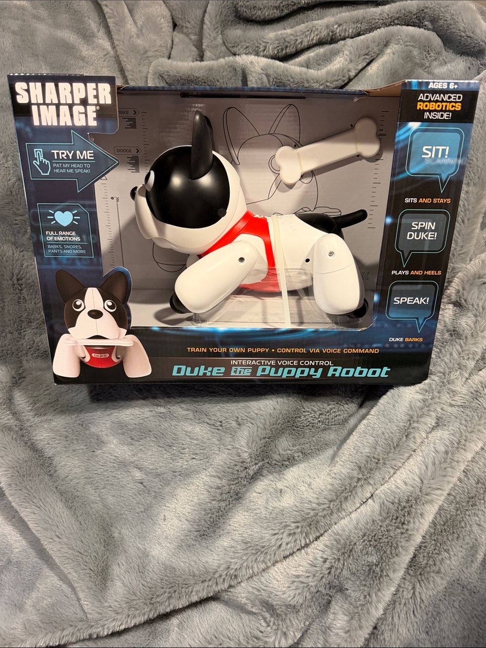Sharper Image Robotic Puppy Toy in White, Black & Red with Green LED Eyes